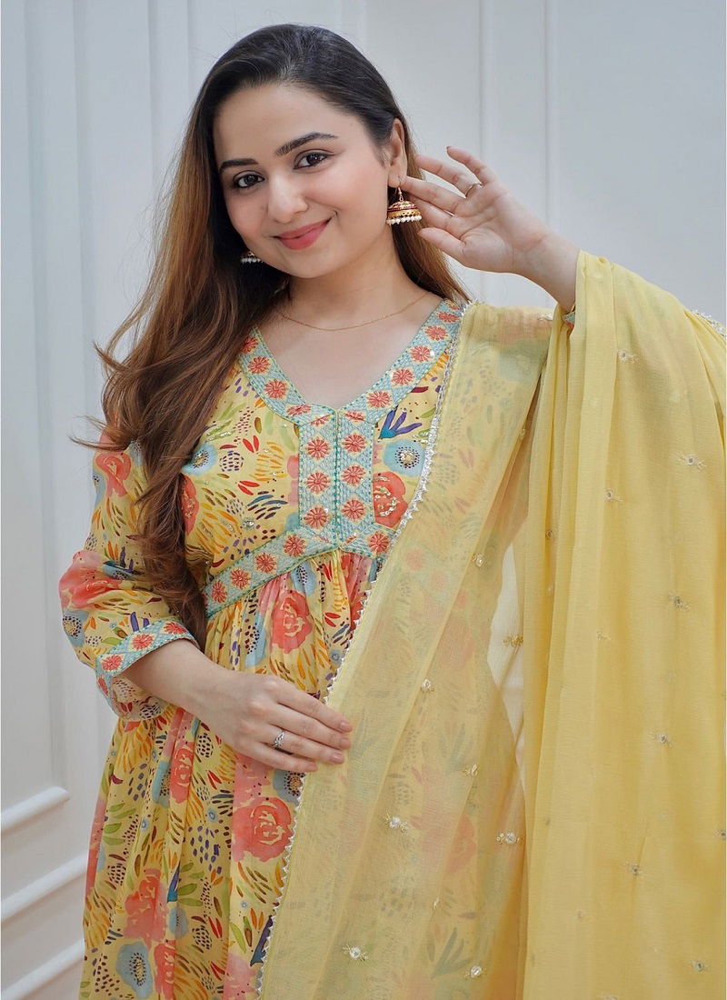 Yellow Floral Alia Cut Kurti With Pant And Dupatta Catalogue